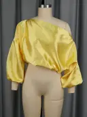 One Shoulder Balloon Puff Sleeve Cropped Blouse view 9