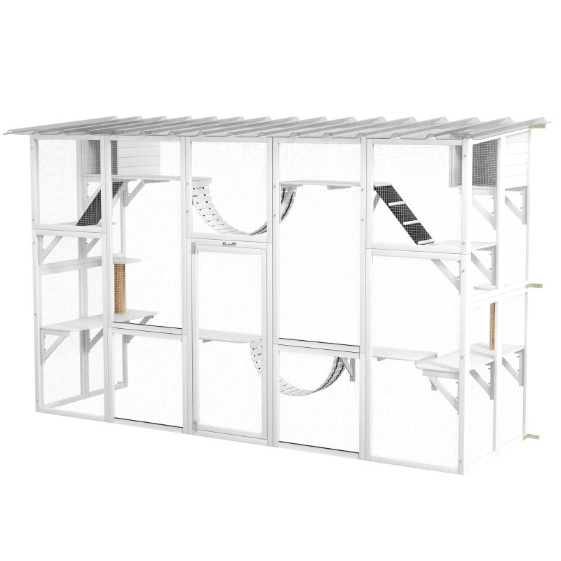 Cat Window Box , Large Catio With Shelves & Bridges, Outside Enclosure For Multiple Cats, White