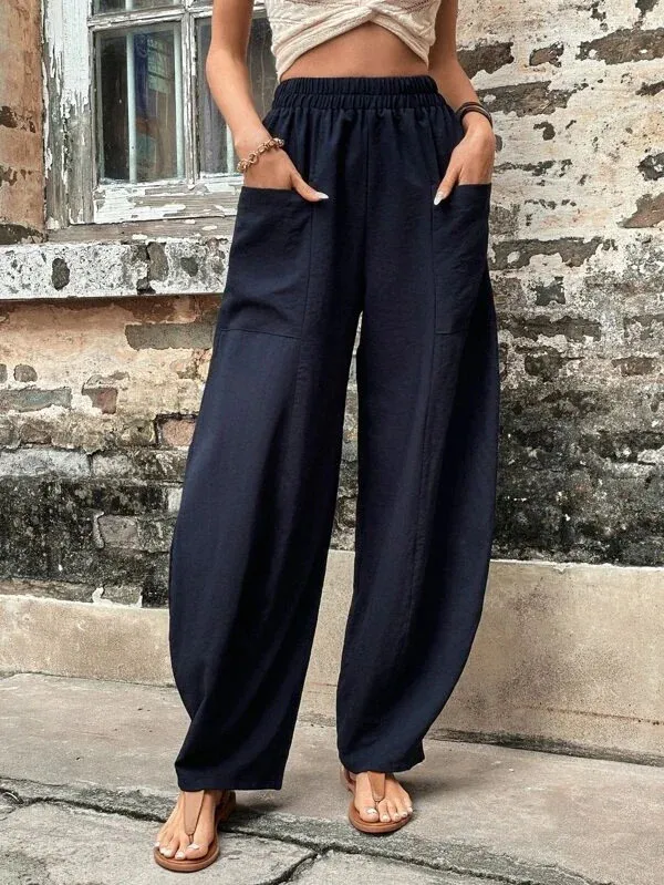 Women's Harem Pants With Pockets High Waisted Casual Beach Pants Loose Trousers Summer - Navy