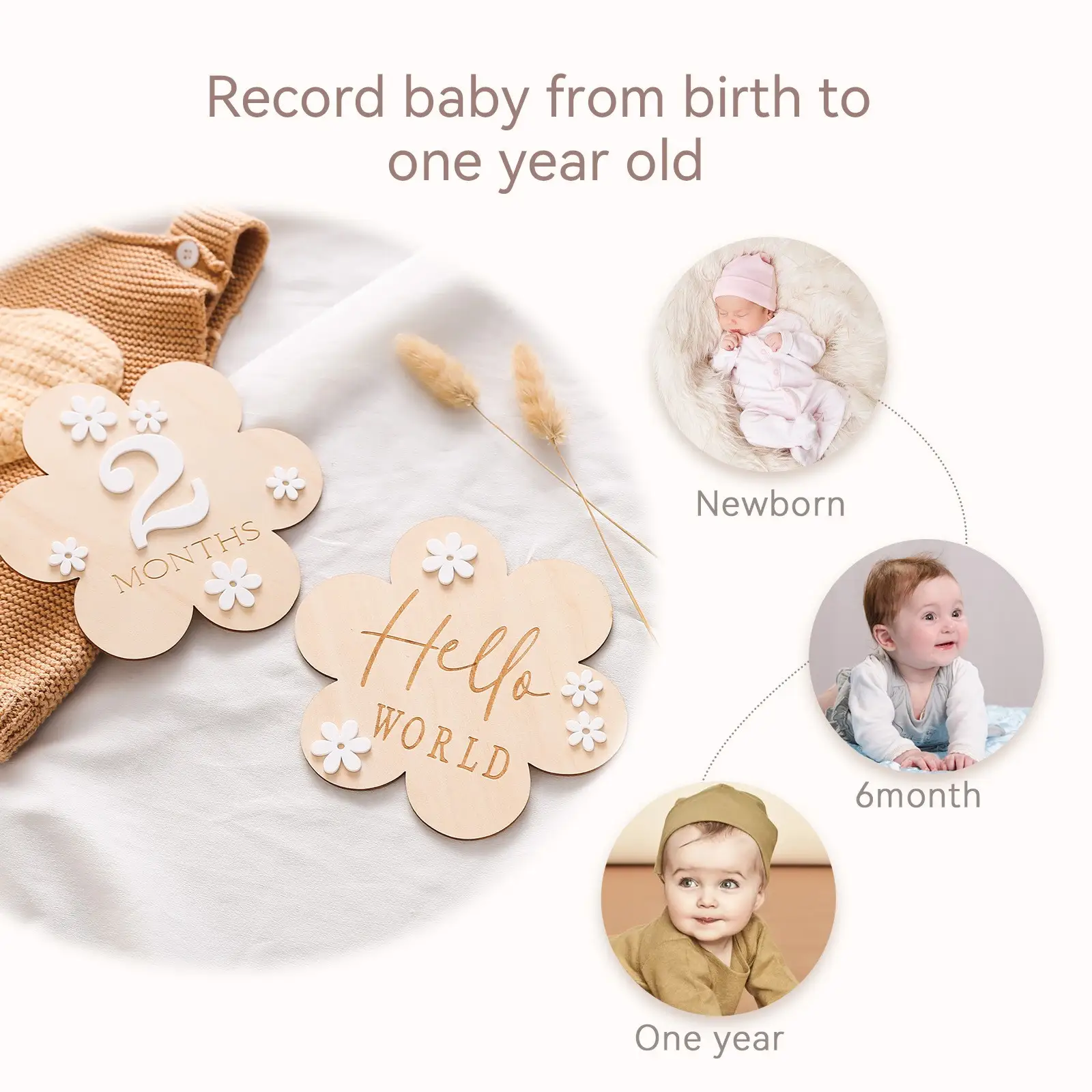 Wooden Flower Baby Milestone Cards, Newborn Monthly Photo Props, Hello World Growth Memory Wood Signs