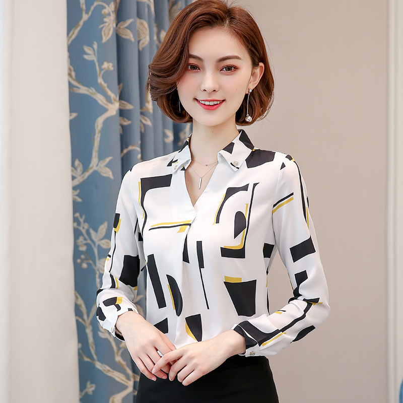 Title 1, Long-sleeved Printed Chiffon Shirt Women