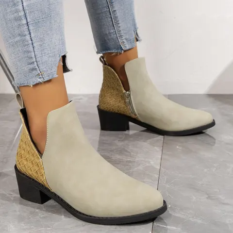 Fashion V-cut Side Zipper Boots Printed Square Heel Ankle