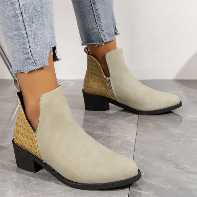 Fashion V cut Side Zipper Boots Printed Square Heel Ankle Boots Pionted Toe Autumn Winter Shoes For Women Beige - Shop at LoveMi