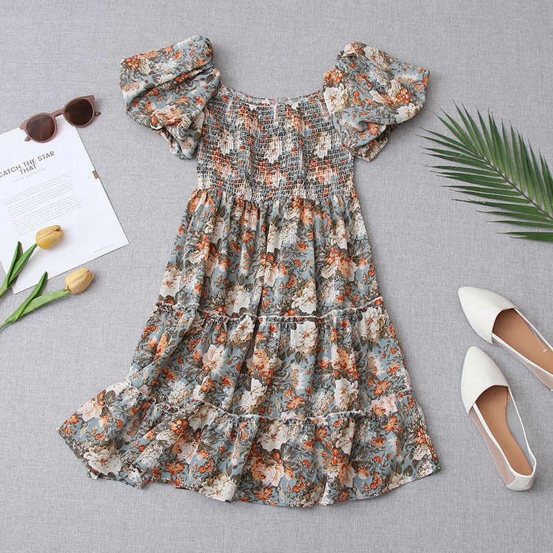 Summer New Women's Retro Square Collar Printed Puffy Sleeves Waist Slim Dress