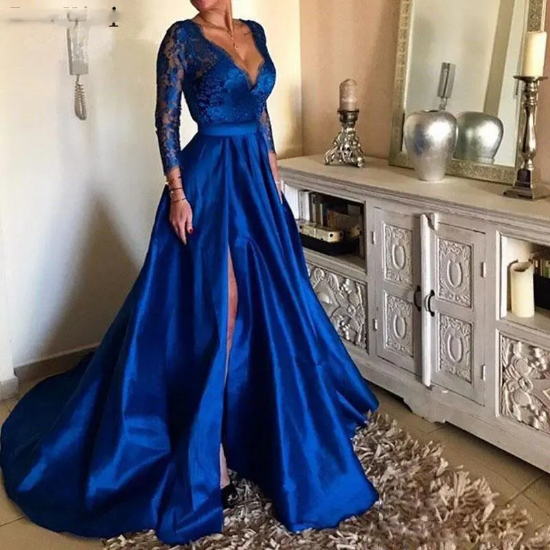 Lace V-neck Evening Dress with Large Swing