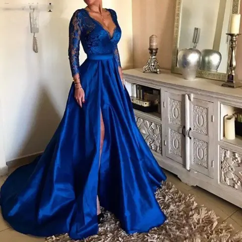 Lace V-neck Evening Dress with Large Swing