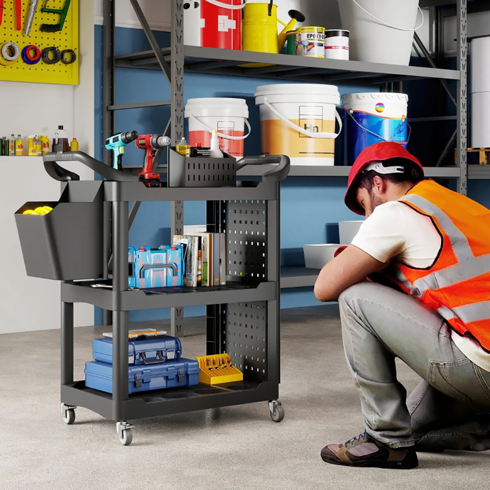 3-Tier Rolling Tool Cart, 200 LBS Capacity Plastic Utility Cart With Side Shelf And Storage Bucket, Tikt0k Sales Prohibited