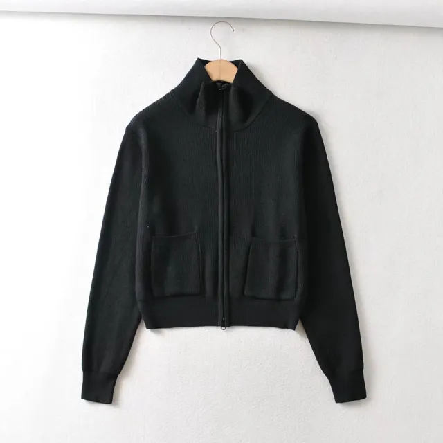 Women's New Lapel Double Zip Turtleneck Knitted Sweater Coat Black - Shop at LoveMi