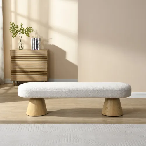 Dining Bench For Dining Room, Upholstered Bedroom End Of Bed Entryway Bench, Boucle Ottoman For Living Room, 64L Beige Stool Top Wood Leg 300 LBS Weight Capacity