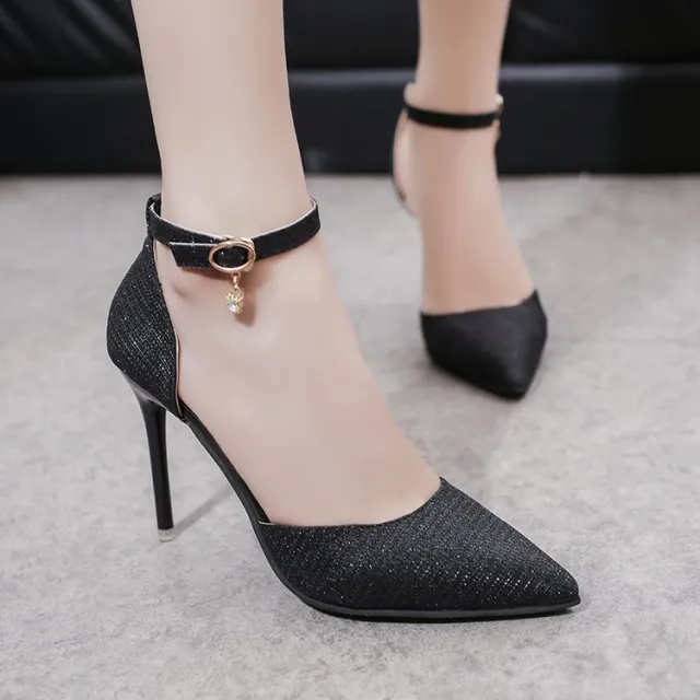 Sandals Women Beaded Buckle Pointed Heel Black - Shop at LoveMi