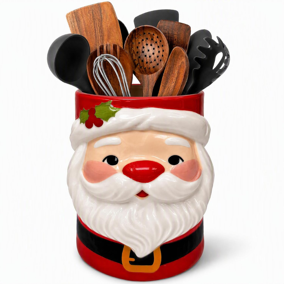 Christmas Ceramic Utensil Holder, Santa Claus Kitchen Decor, 3 Santa Countertop Storage Crock For Cooking Utensils, Baking Tools, Holiday Decoration