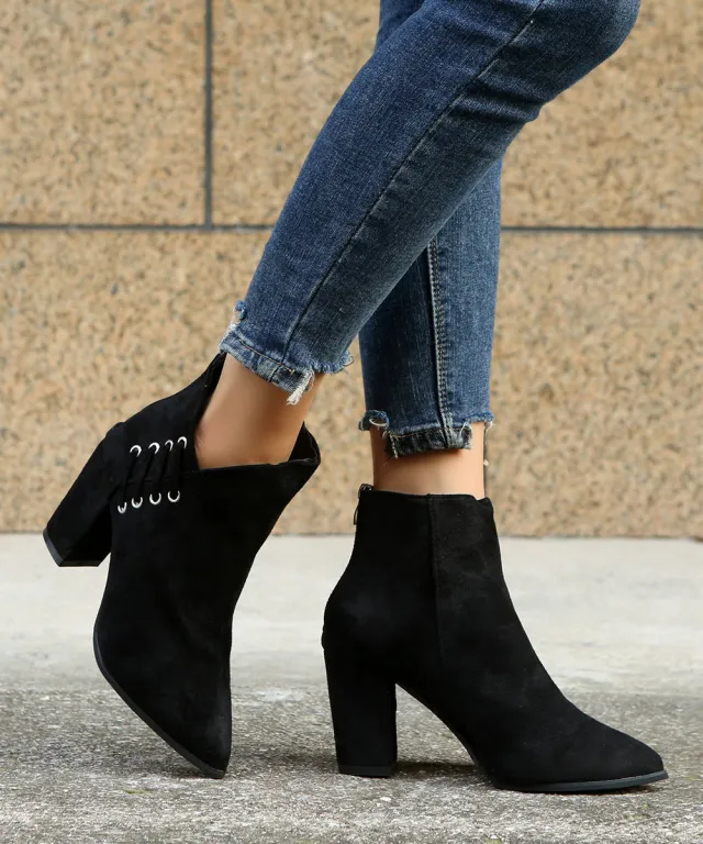 Retro Fashion Boots Pointed Suede High heeled Ankle Boots Plus Size Black - Shop at LoveMi
