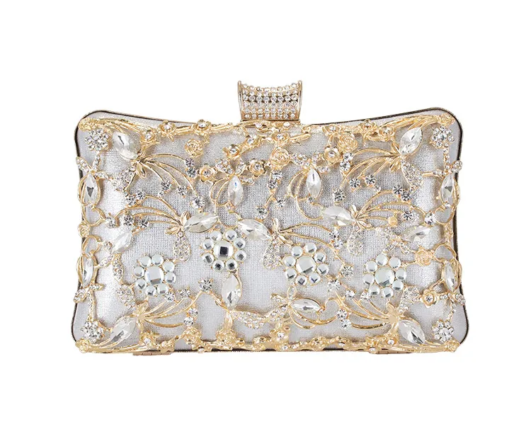 Elegant Rhinestone Dinner Clutch Women Luxury Brand Party Chain Messenger Bag - Silver
