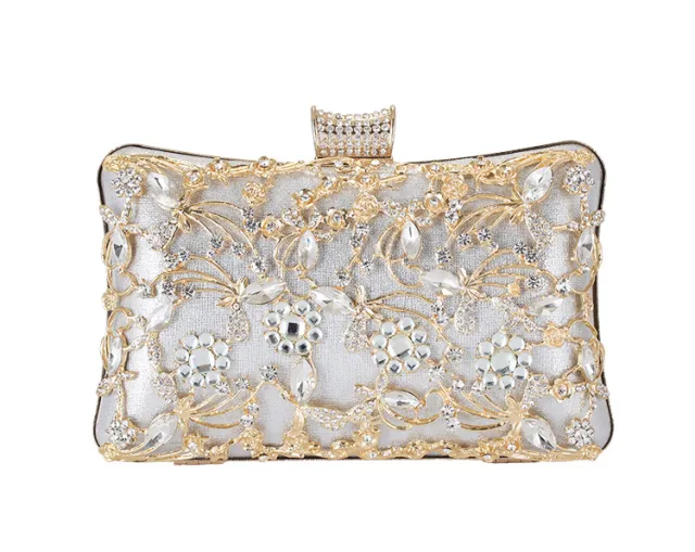 Elegant Rhinestone Dinner Clutch Women Luxury Brand Party Chain Messenger Bag Silver - Shop at LoveMi