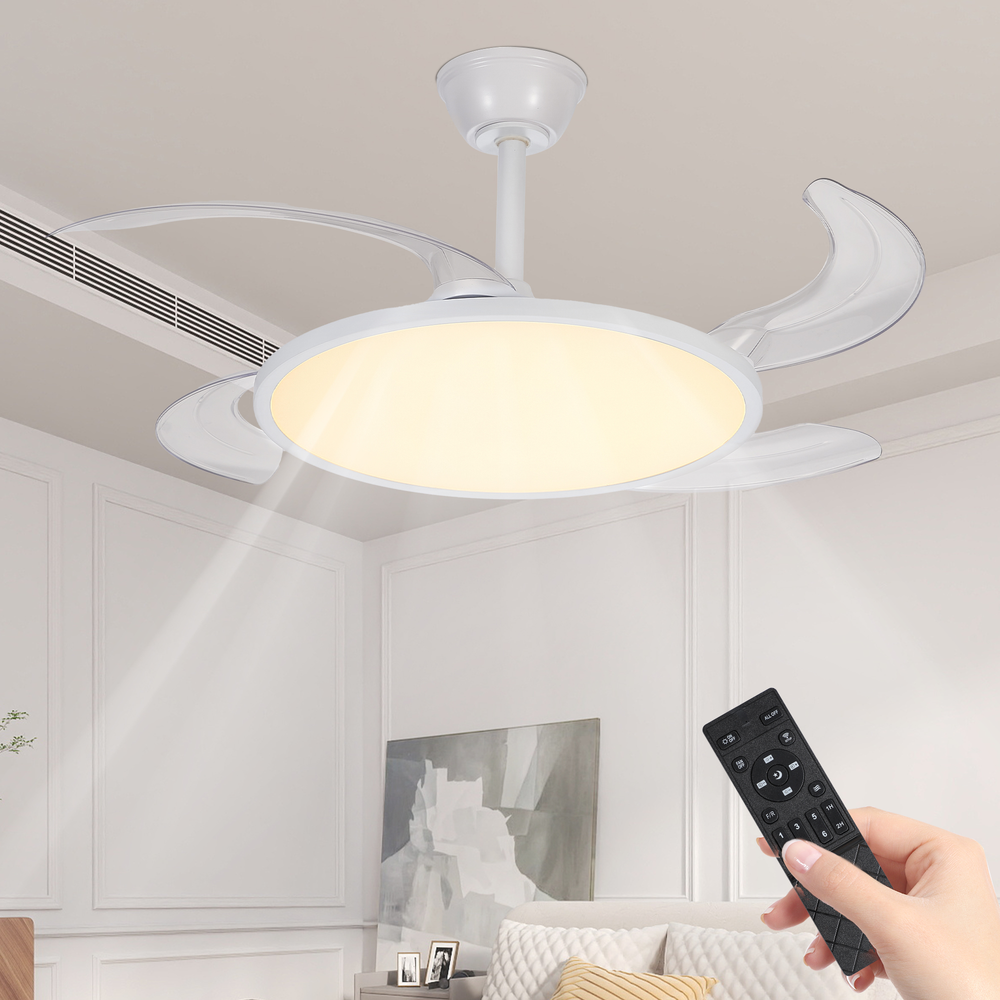 Retractable Ceiling Fans With Lights,42 Inch Ceiling Fan With Light And Remote Control,Flush Mount,DC Reversible,3CCT,Low Noise,White Ceiling Fan For Bedroom,Living Room,Kitchen,Indoor