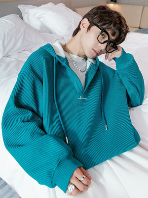 Blue Loose Hoodie Men's Embroidered Long-sleeved Coat