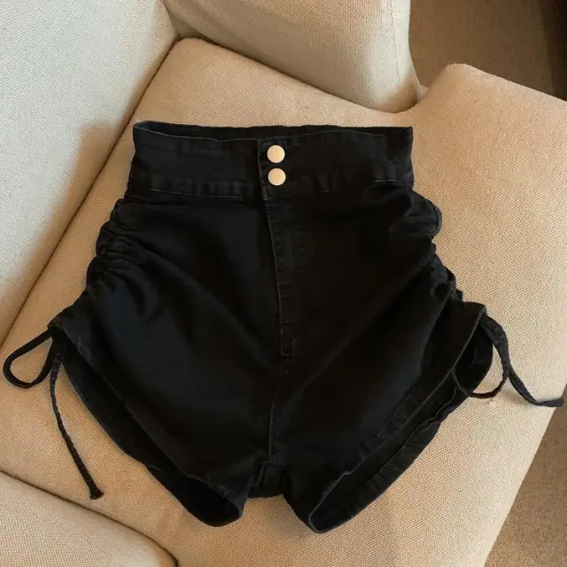 High Waist Drawstring Denim Shorts Black - Shop at LoveMi