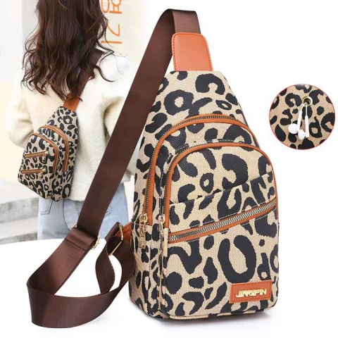 Leopard Print Sling Chest Bag with Headphone Jack Crossbody