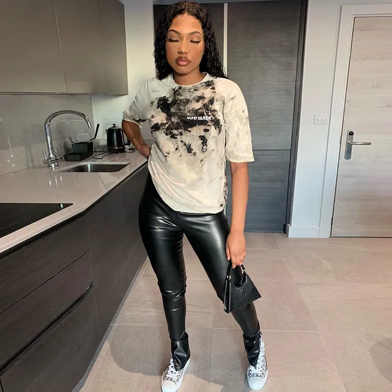 Split High Waist Skinny Casual PU Leather Trousers - Black
