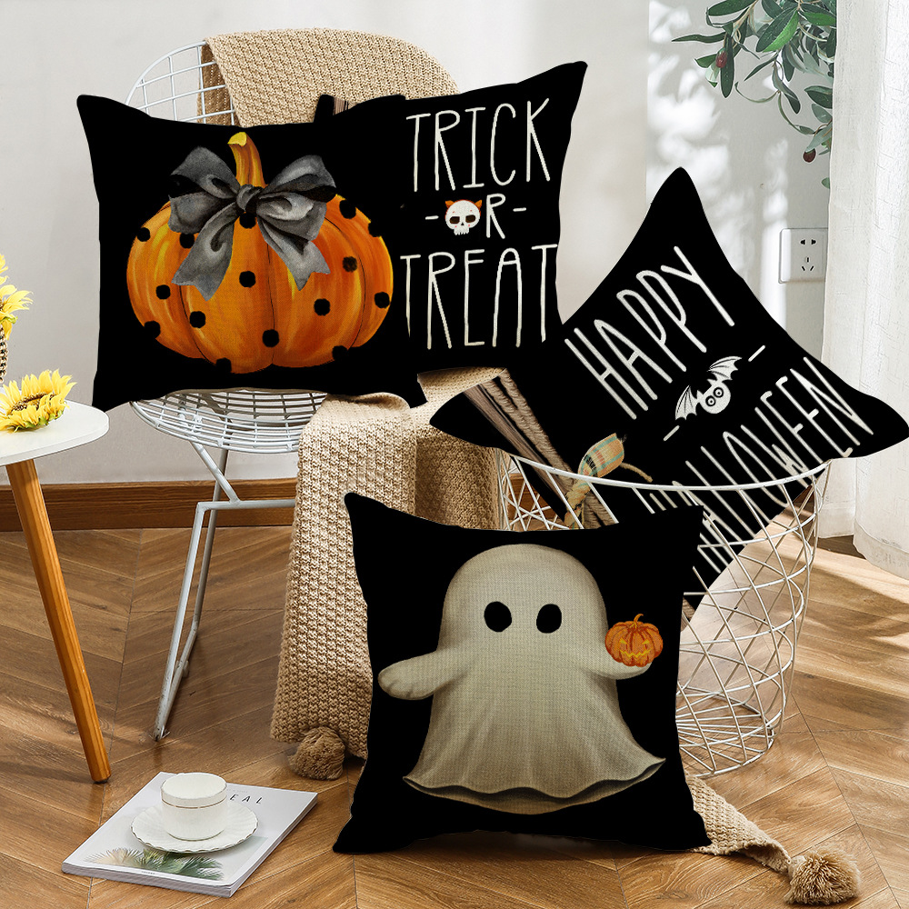 Title 5, Ghost Pumpkin Halloween Black Throw Pillow Cove...