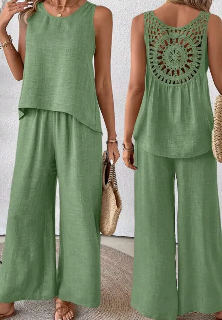Solid Tank Top & Wide Leg Pants For Summer Vacation Green - Shop at LoveMi