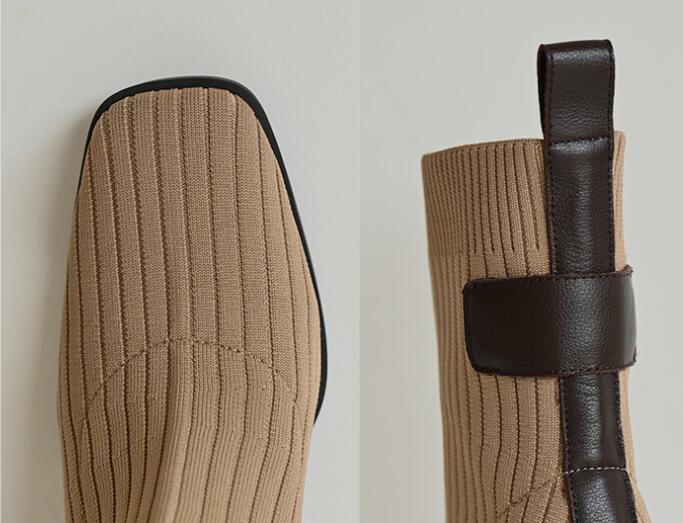 Women's Knitted Square Toe Block Heel Stretch Boots