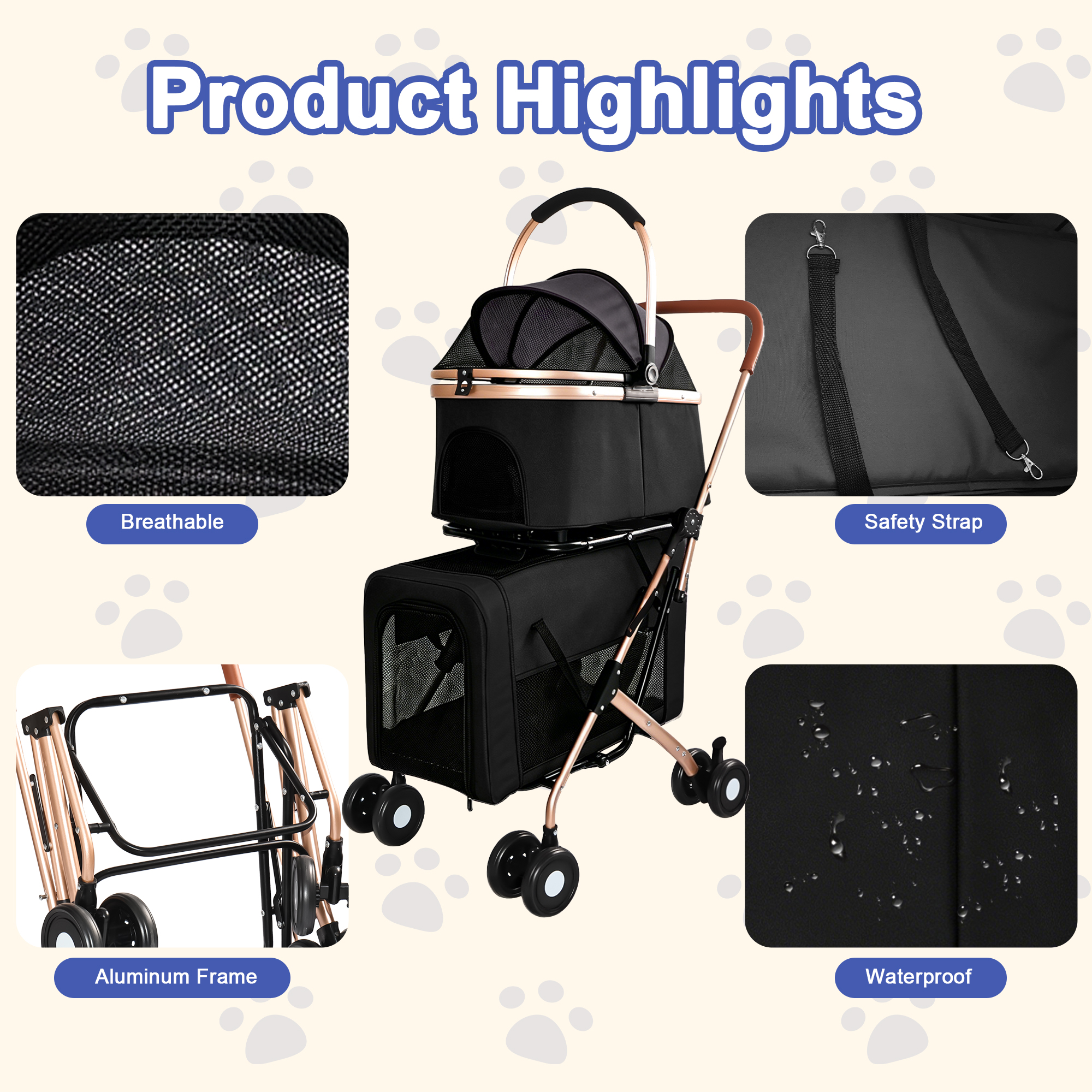 3-in-1 Double Pet Stroller For Small Medium Dogs Cats, Foldable Frame Convertible Pet Carrier Tote, Shockproof Wheels With Brake System, Dual Fixed Safety Leashes For Multi-Pet Households thumbnail 15