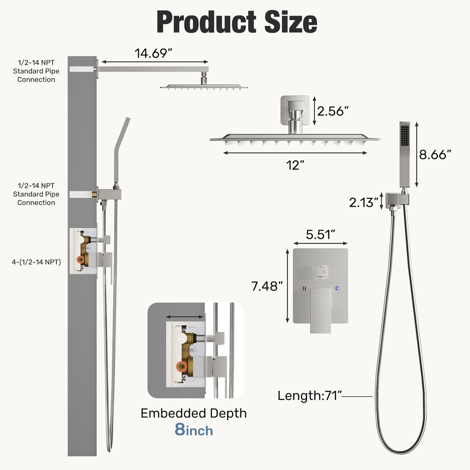 Wall-mounted Shower Faucet Set - 10-inch Square Overhead Spray - Handheld Shower Head With Pressure Balance And Temperature Control Valve — foto 7