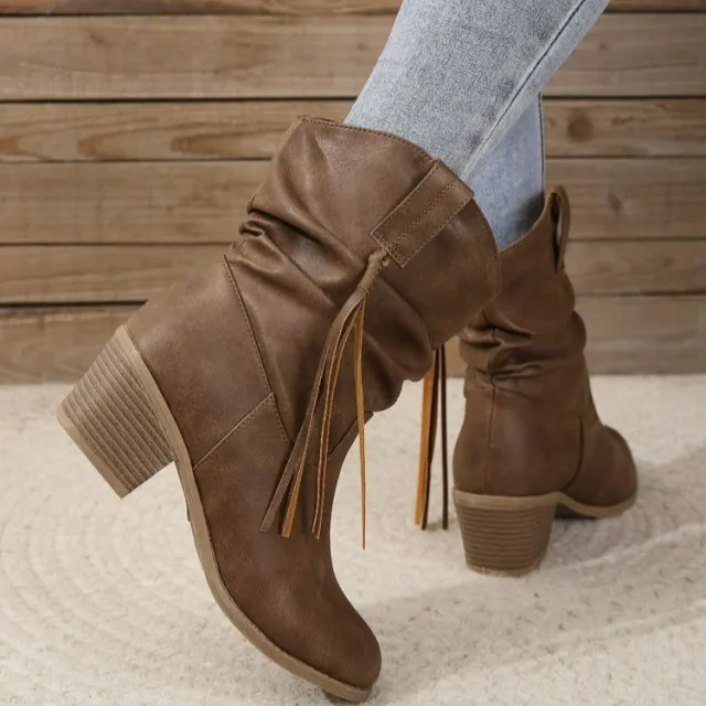 Retro Tassel Boots Winter Thick Square Heel Mid calf Knight Western Boots Woman Fashion Shoes Brown - Shop at LoveMi