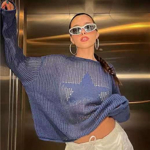 Fashion Hollowed-out Jacquard Five-pointed Star Long Sleeve Knitted Sweater