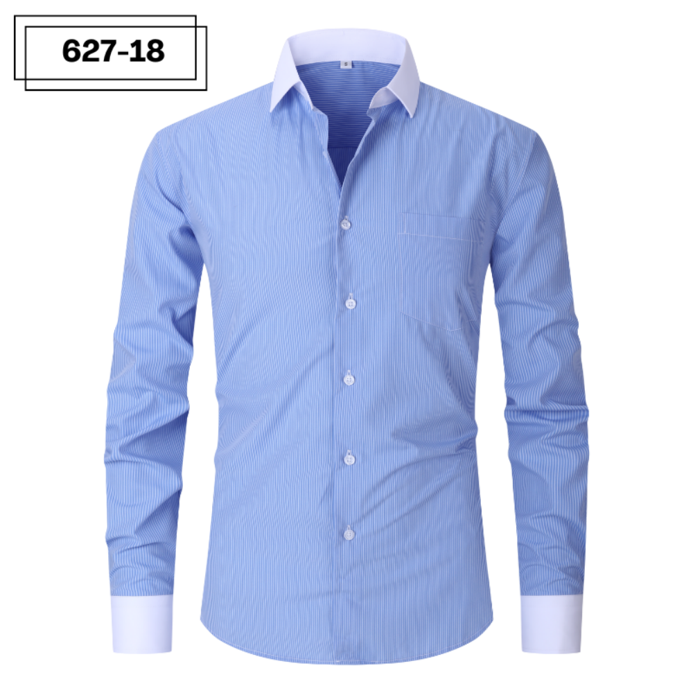 ["Men's dress shirt","Striped button-down","Long sleeve men's top","Formal shirt"]