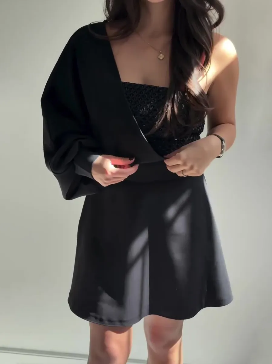 Black Two-Piece Set With Textured Strapless Top And Flared Mini Skirt - Black