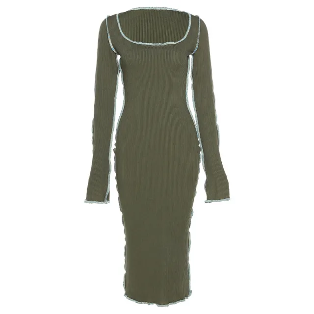 Round Neck Long Sleeve Hip Wrap Slim Dress Green - Shop at LoveMi