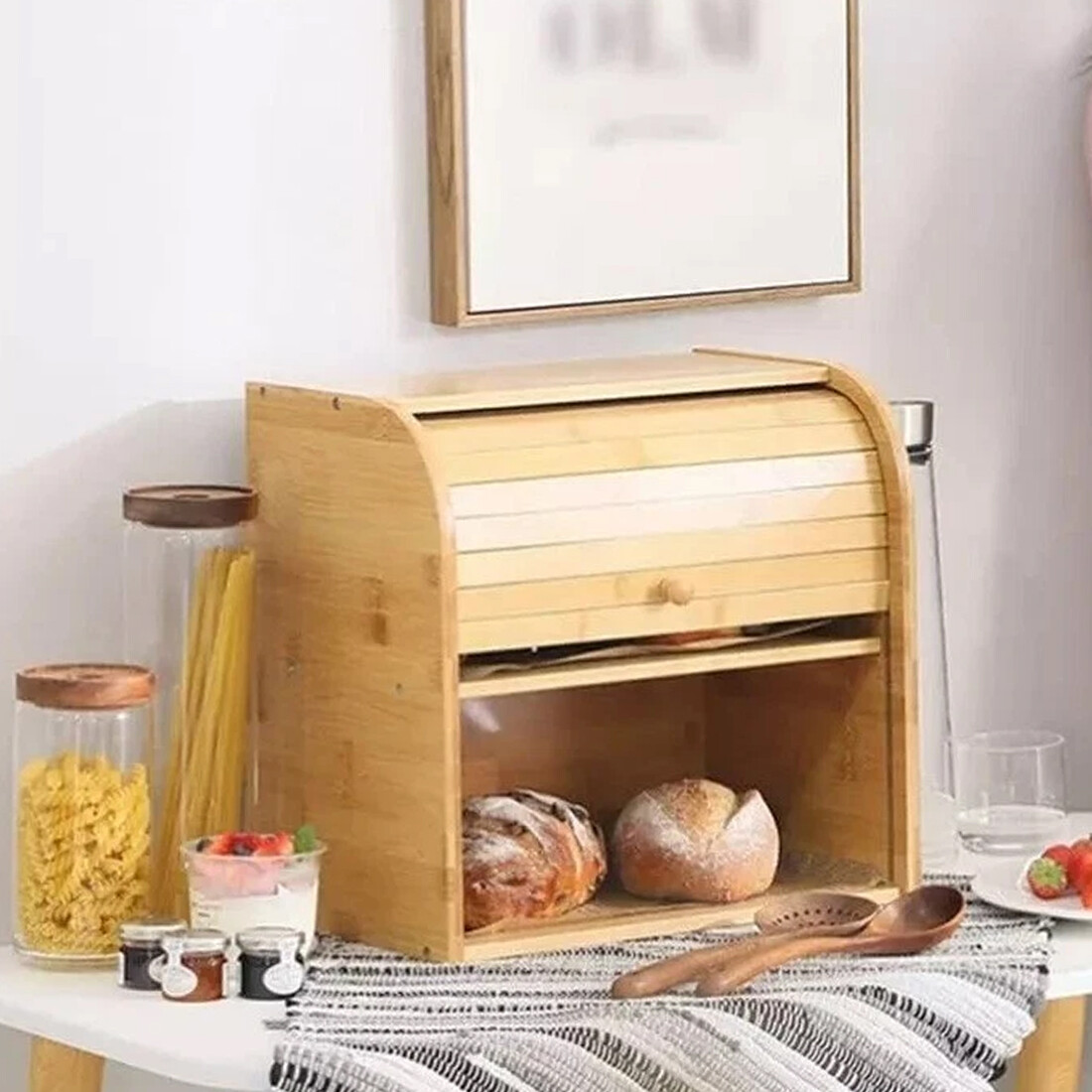 Bread Bin 2 Tiers Double Layer Box Slide Roll Top Food Storage Rack Home Kitchen — image 10