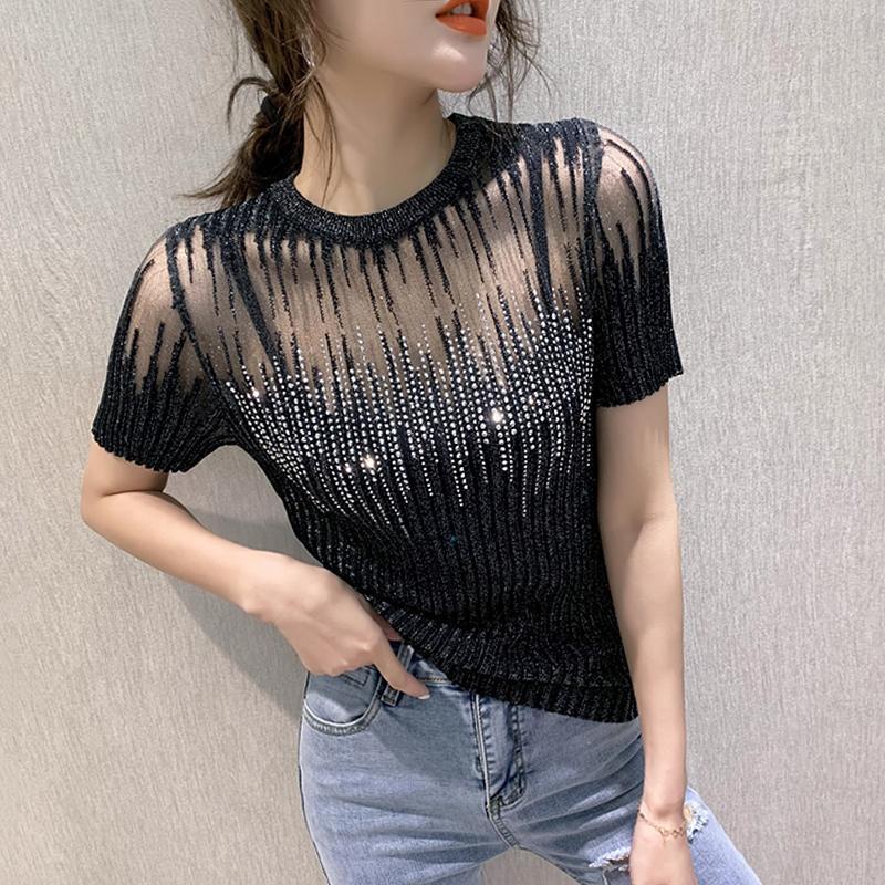 Title 2, All-match Ice Silk Knitted Mesh Hollow Lace Top