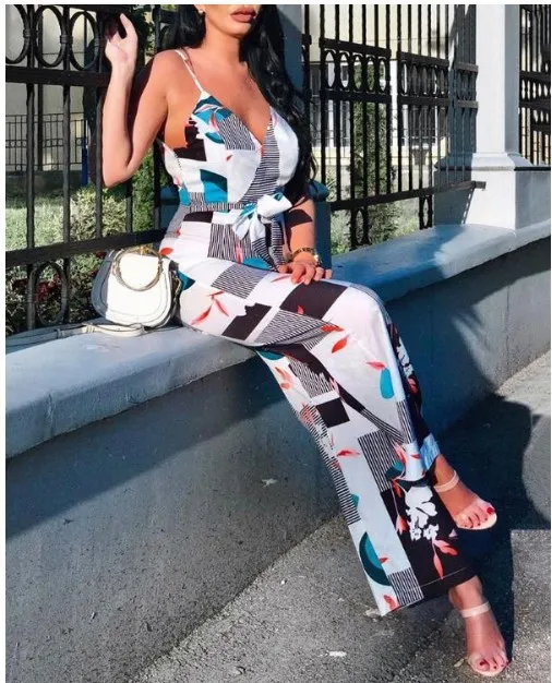 Women's Backless Deep V Neck Sling Jumpsuit Printed Black - Shop at LoveMi