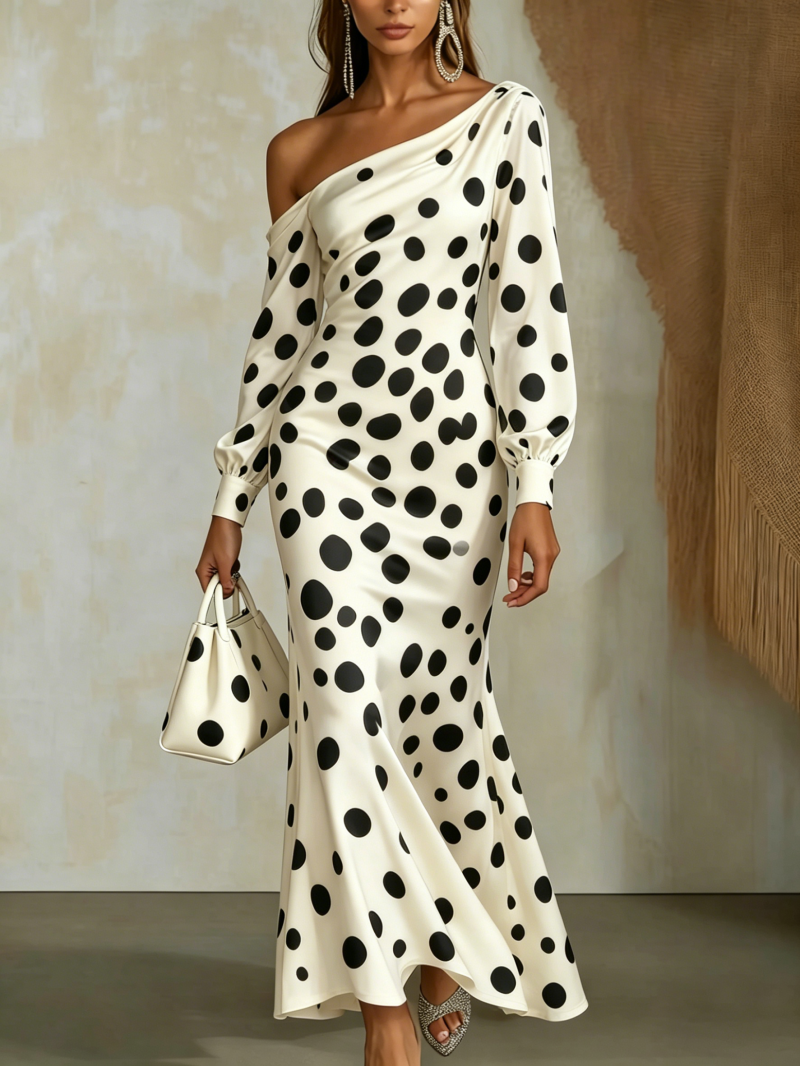 Asymmetric One-Shoulder Polka Dot Maxi Dress product image