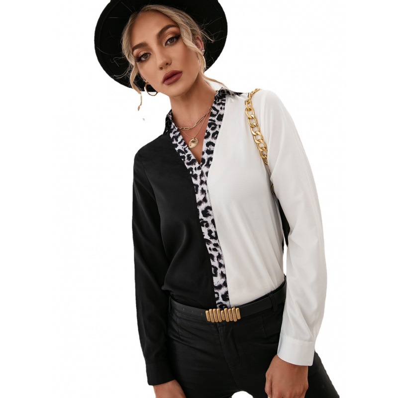 Title 2, Leopard Print Contrast Stitching V-neck Shirt