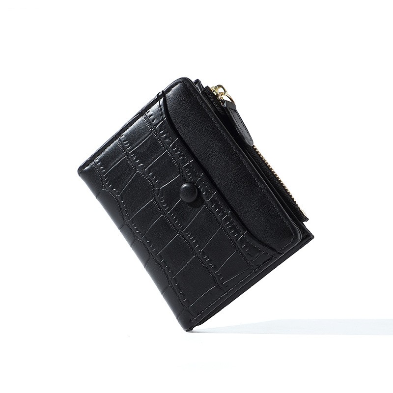 Two fold Wallet Short Zipper Pu Purse Fashion Large Capacity Multiple Card Slots Ladies Black - Shop at LoveMi