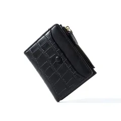 Two-fold Wallet Short Zipper Pu Purse Fashion Large Capacity Multiple Card Slots Ladies - Black - View 1