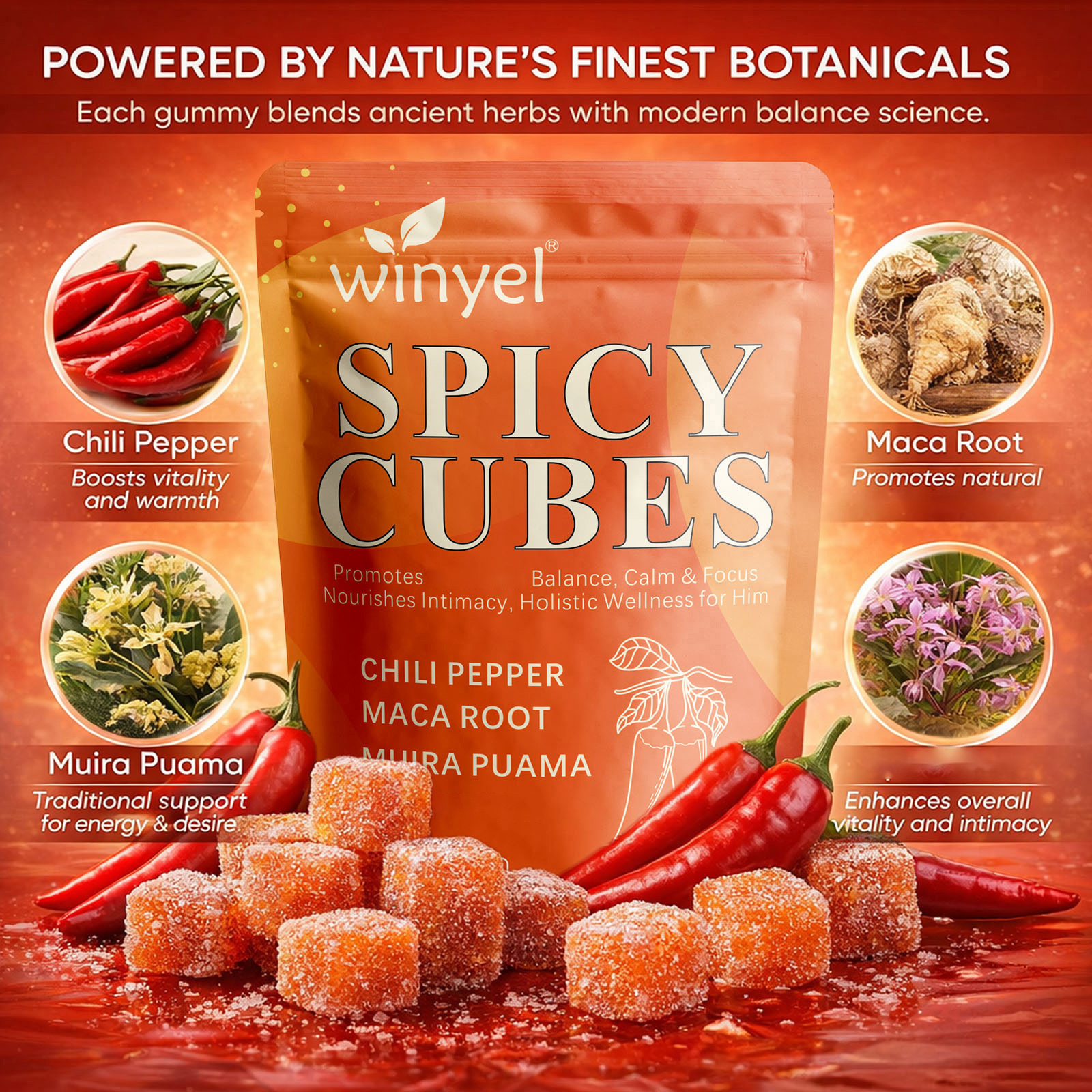 WINYEL Spicy Cubes, Intimacy Gummies With Chili Pepper, Muira Puama, Maca Root, Epimedium, Helps Promote Hormone Balance, Calmness And Intimacy Wellness, Peach Flavor, 30 Gummies
