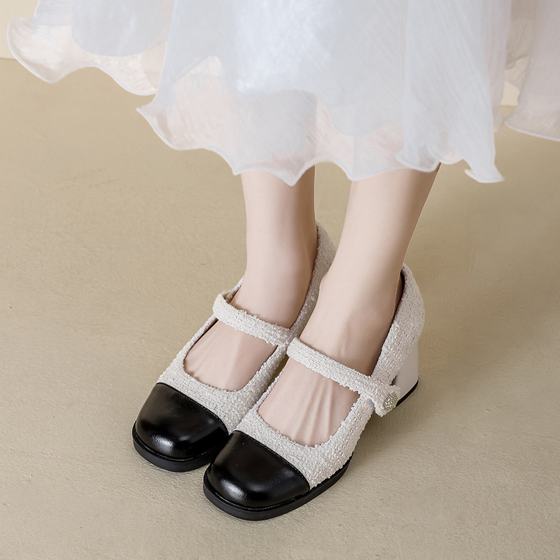 Retro Round Toe Color Matching Thick Heeled Shoes