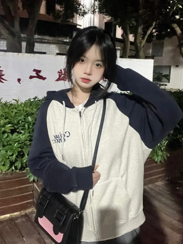 Women's American Retro Contrast Color Hooded Sweatshirt Loose Cardigan Coat High Quality Style S - Shop at LoveMi