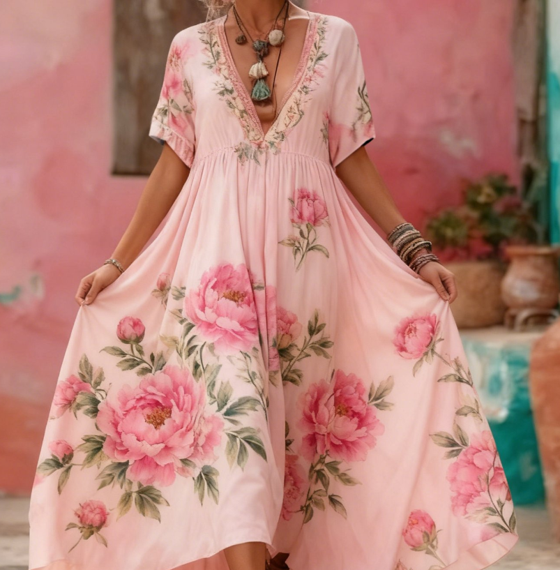 Women's Floral Print V-Neck Maxi Dress