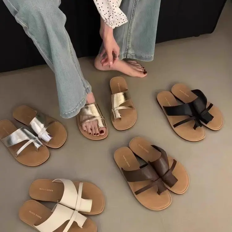 Women Minimalist Criss Cross Strap Flat Slide