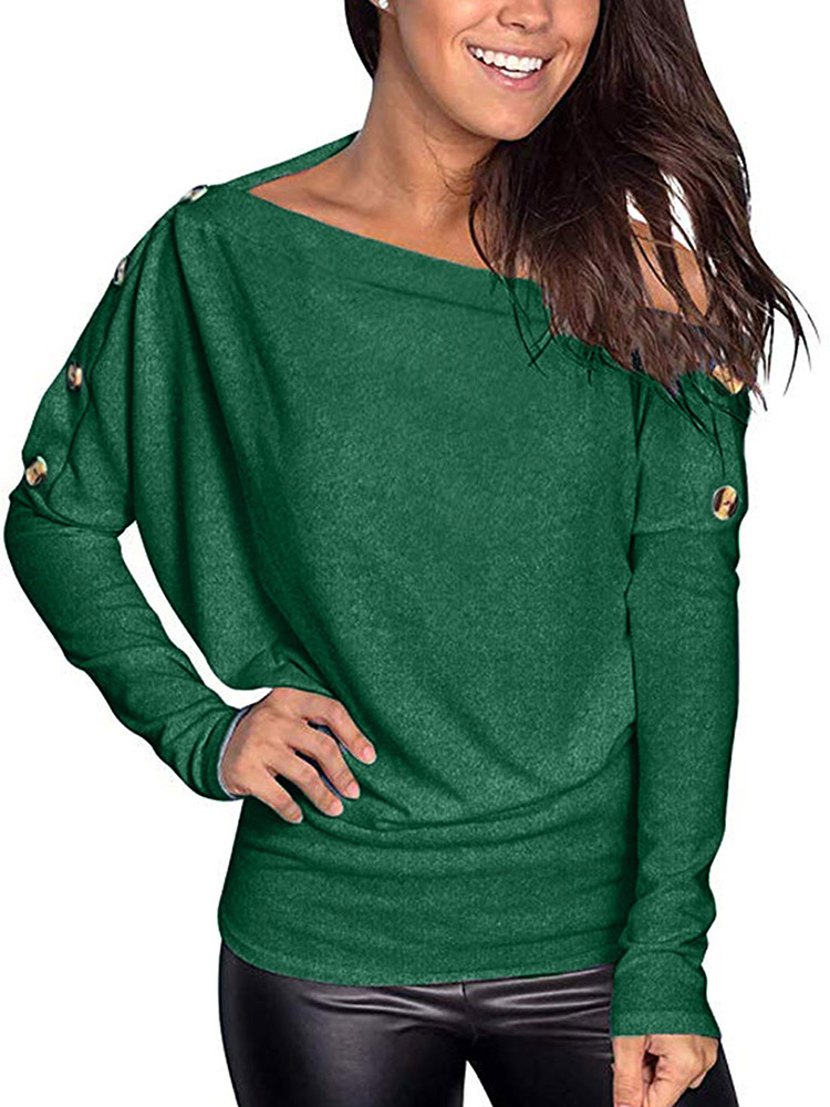 Buttoned Top, Boat Neck, Casual One-shoulder Long-sleeved Comfortable T-shirt