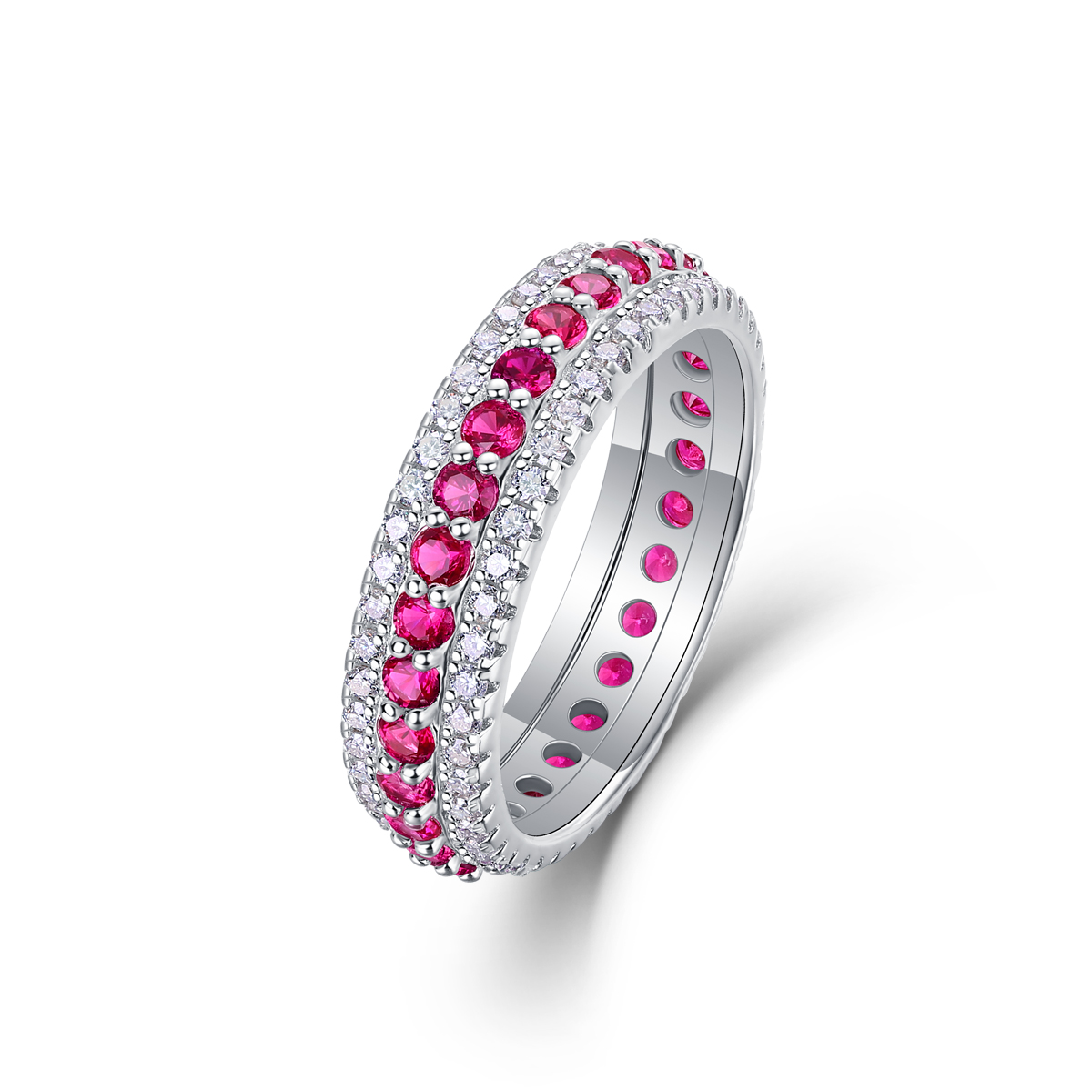 3.6g S925 Sterling Silver 3 Row Pave Ring Synthetic Ruby Eternity Band, Platinum Plated Promise Ring For Women, Jewelry Gift Box Set