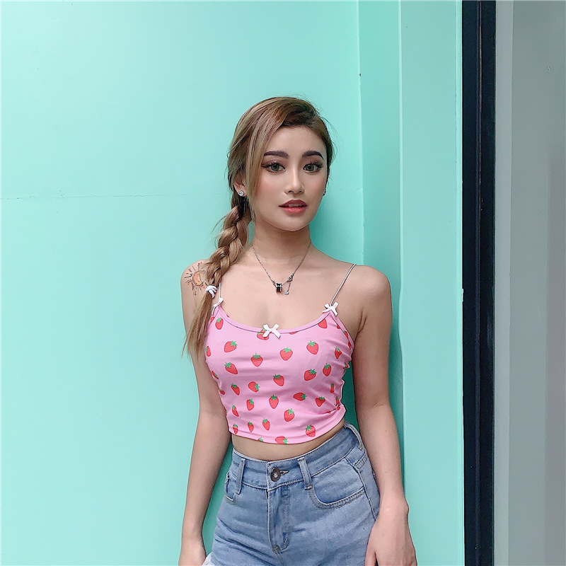 Women's New Hip-hop Street Shooting Bowknot Strawberry Print Tube Top Bottoming Top Women