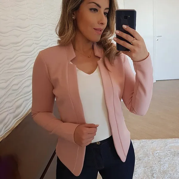Small Suit Long Sleeve Solid Color Cardigan Coat Top Pink - Shop at LoveMi