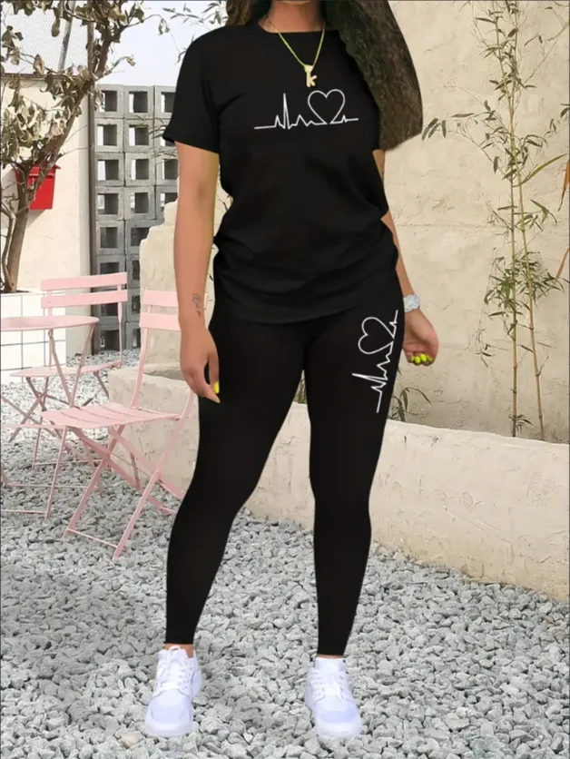 Women's Alphabet Printed Round Neck T Shirt And Leggings Set Black - Shop at LoveMi